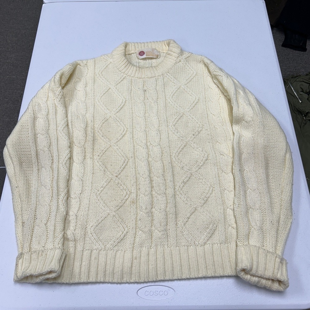 Kings Road Cable Knit Sweater Mens L Cream Sears Vintage Fisherman Crewneck